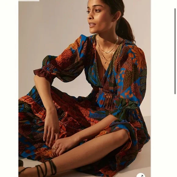 Anthropologie Farm Rio Blue puff sleeve maxi dress size XS - Picture 4 of 16